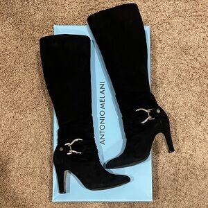 ANTONIO MELANI Black Suede Heeled Boots with Silver Buckle Detail Juliane
